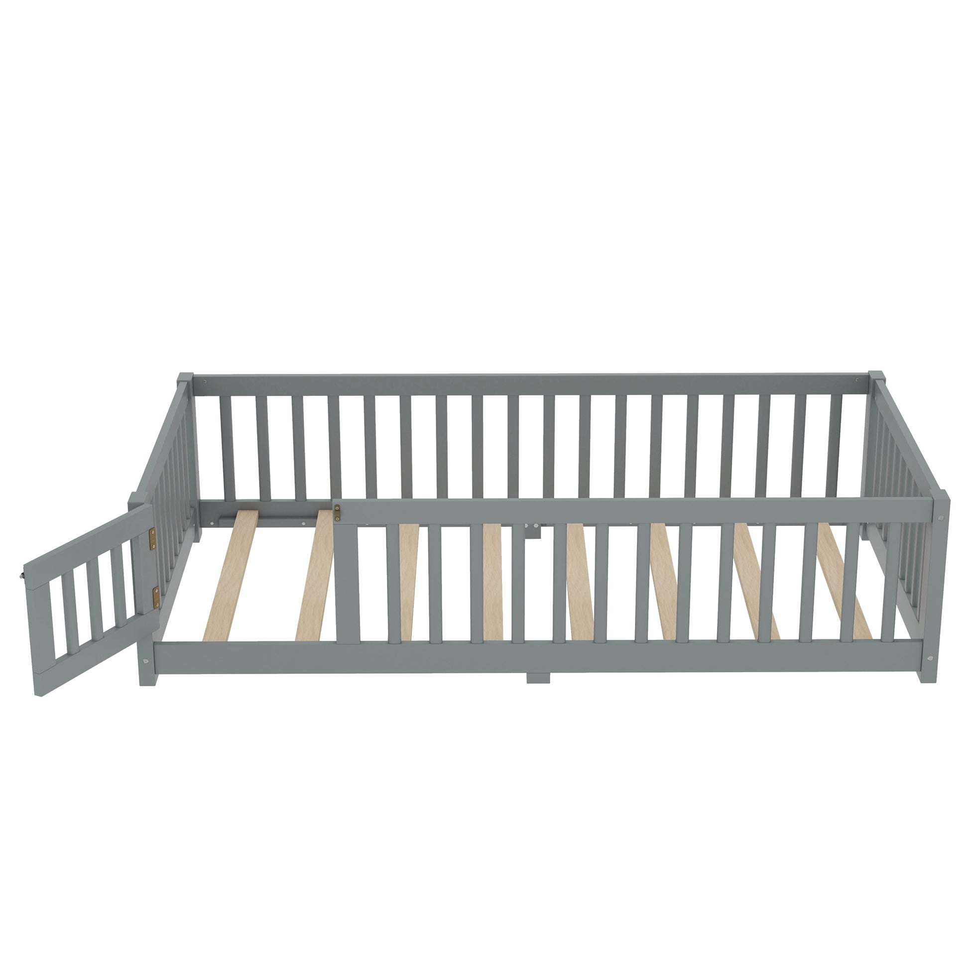 variant-group:rf-w1580p338948|Roomfitters Wooden Twin Floor Bed Frame with Door & Safety Guardrails, Low Platform Design for Bedroom or Playroom, Gray