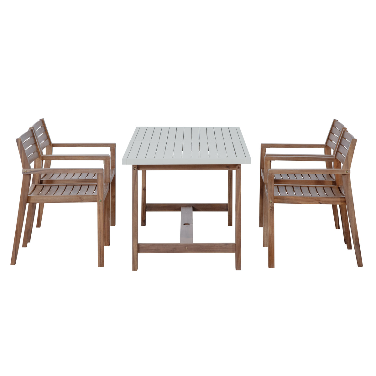 variant-group:rf-n711wy000477aad|Roomfitters Farmhouse 5-Piece Outdoor Dining Set for 4, 59-Inch Rectangular Table, Umbrella Hole, Light Grey Acacia