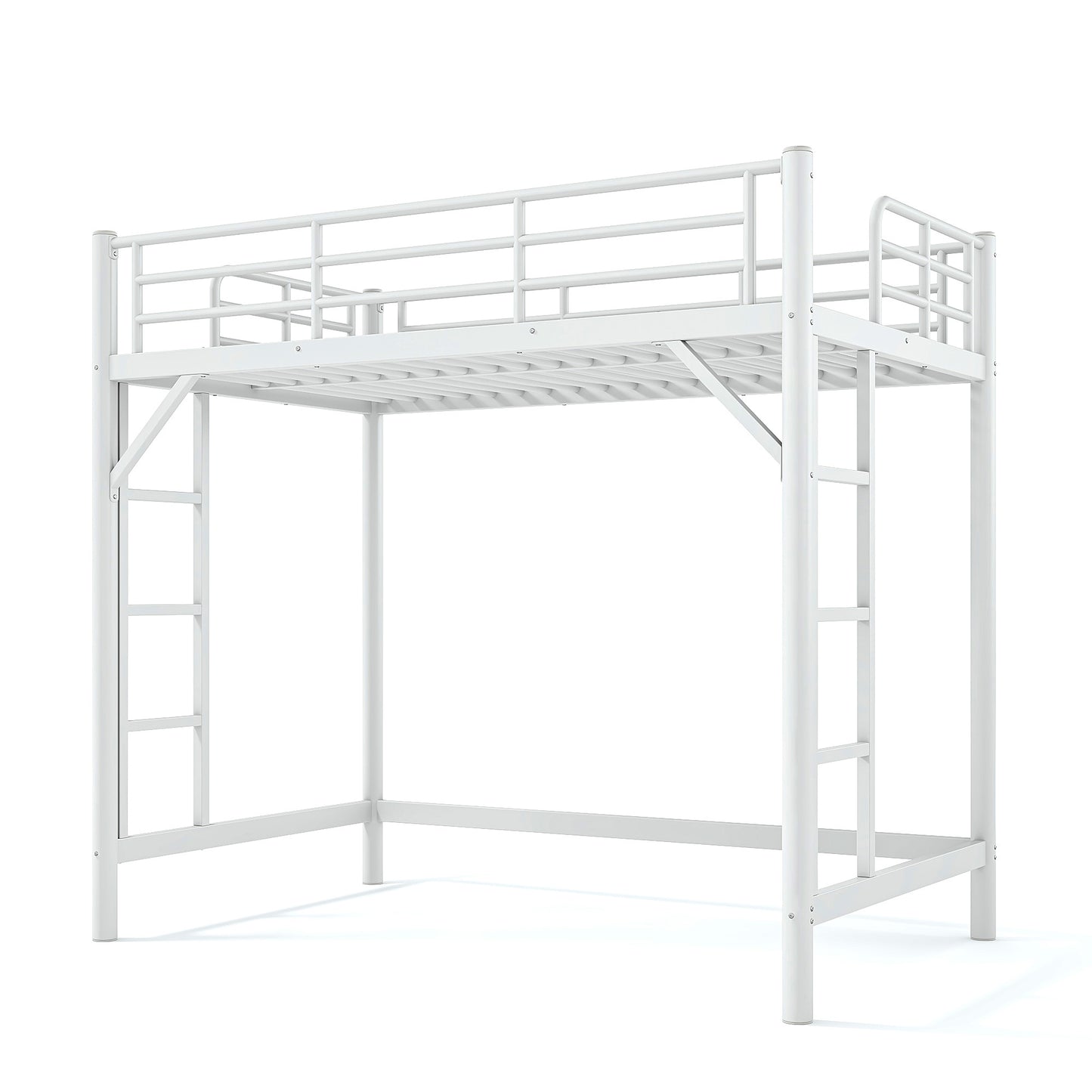 variant-group:rf-w1580p455012|Roomfitters Twin Size Metal Loft Bed Frame with Guardrails, Heavy Duty Space Saving High Loft Bed Dual Ladders, White