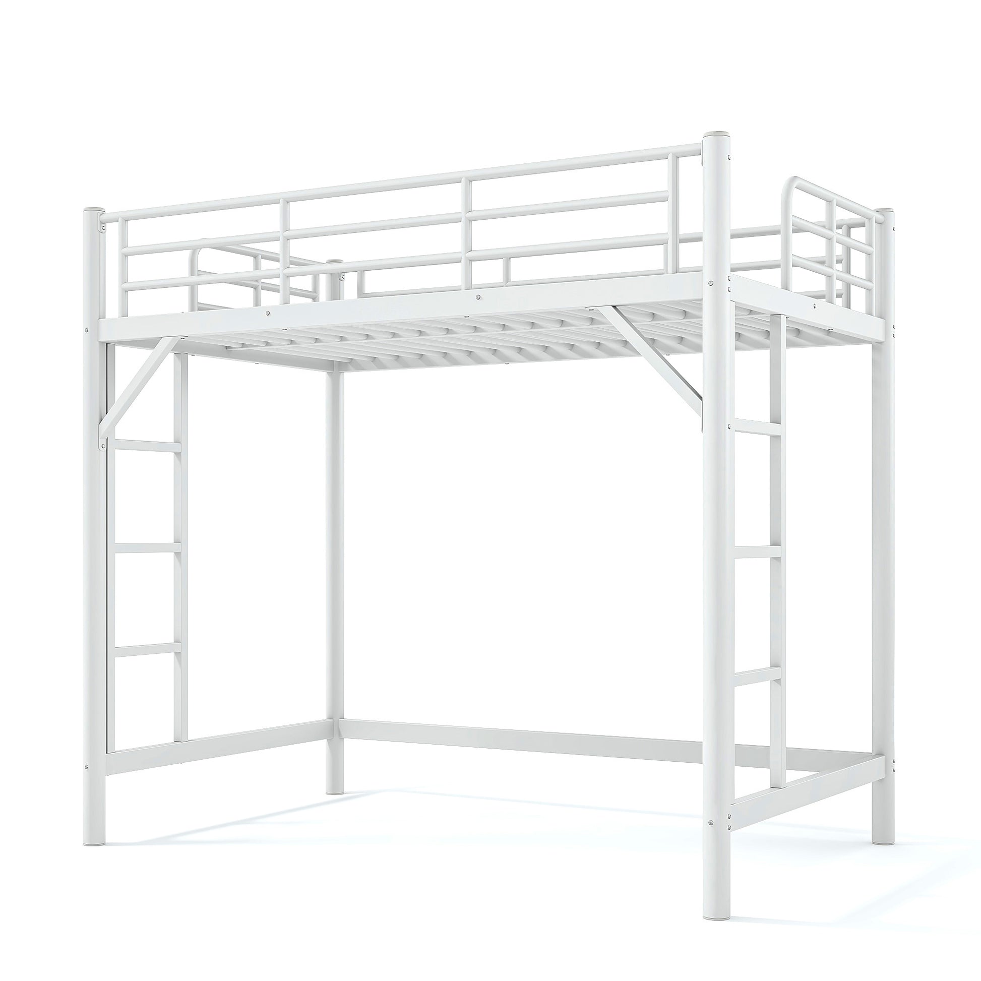 variant-group:rf-w1580p455012|Roomfitters Twin Size Metal Loft Bed Frame with Guardrails, Heavy Duty Space Saving High Loft Bed Dual Ladders, White