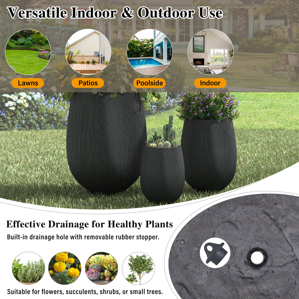 variant-group:rf-n711p406659b|Roomfitters Modern Egg-Shaped MGO Planter Set, 3-Piece Textured Faux Stone Flower Pots, Black Patio Garden Urns