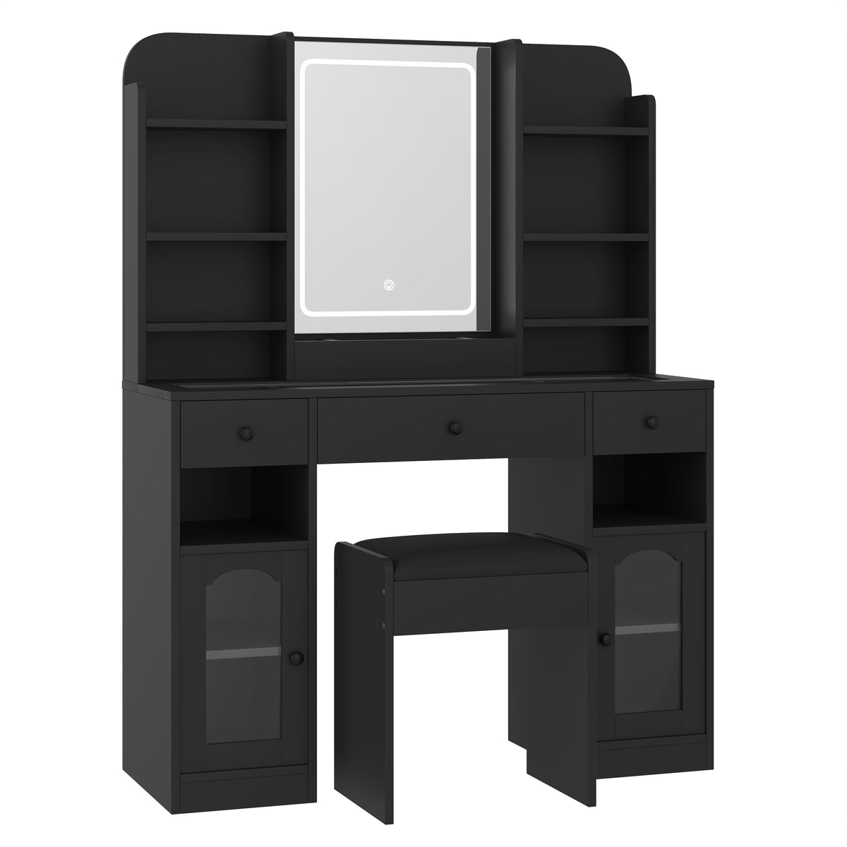 variant-group:rf-n704p407114b|Roomfitters 43.2" Makeup Vanity Desk with LED Lighted Mirror, Glass Door Cabinets, Charging Station and Stool, Black