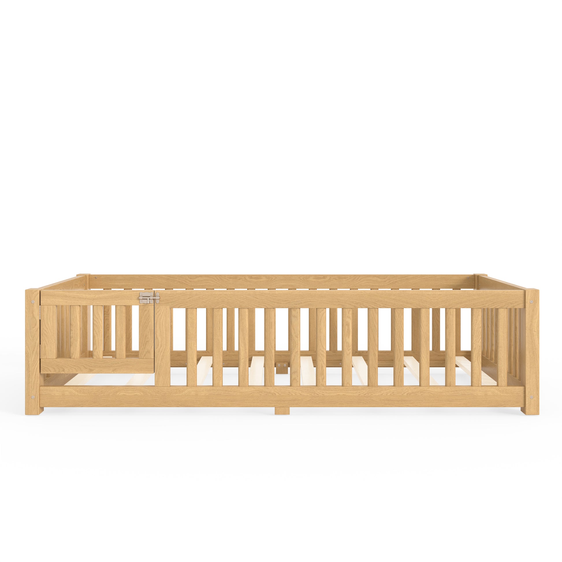 variant-group:rf-w1580p462314|Roomfitters Twin Size Wooden Floor Bed Frame with Safety Guardrails Door, Solid Wood Low Profile Toddler Play Bed, Natural