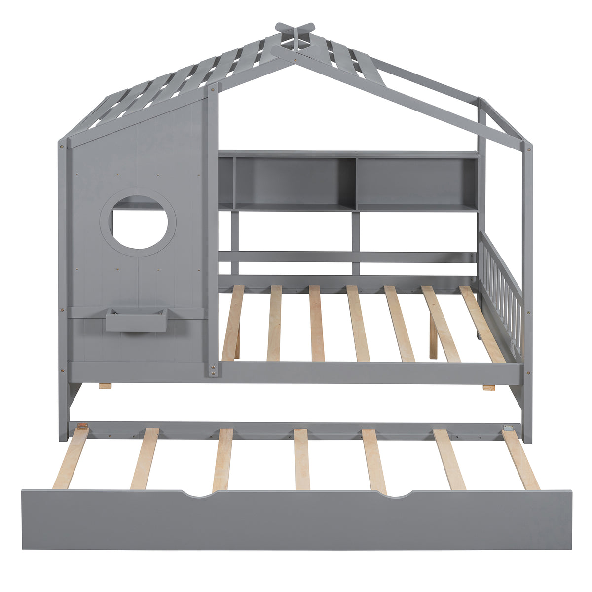 variant-group:rf-n733s316125e|Roomfitters Wooden Full Size House Bed with Trundle and Storage Shelf, Gray