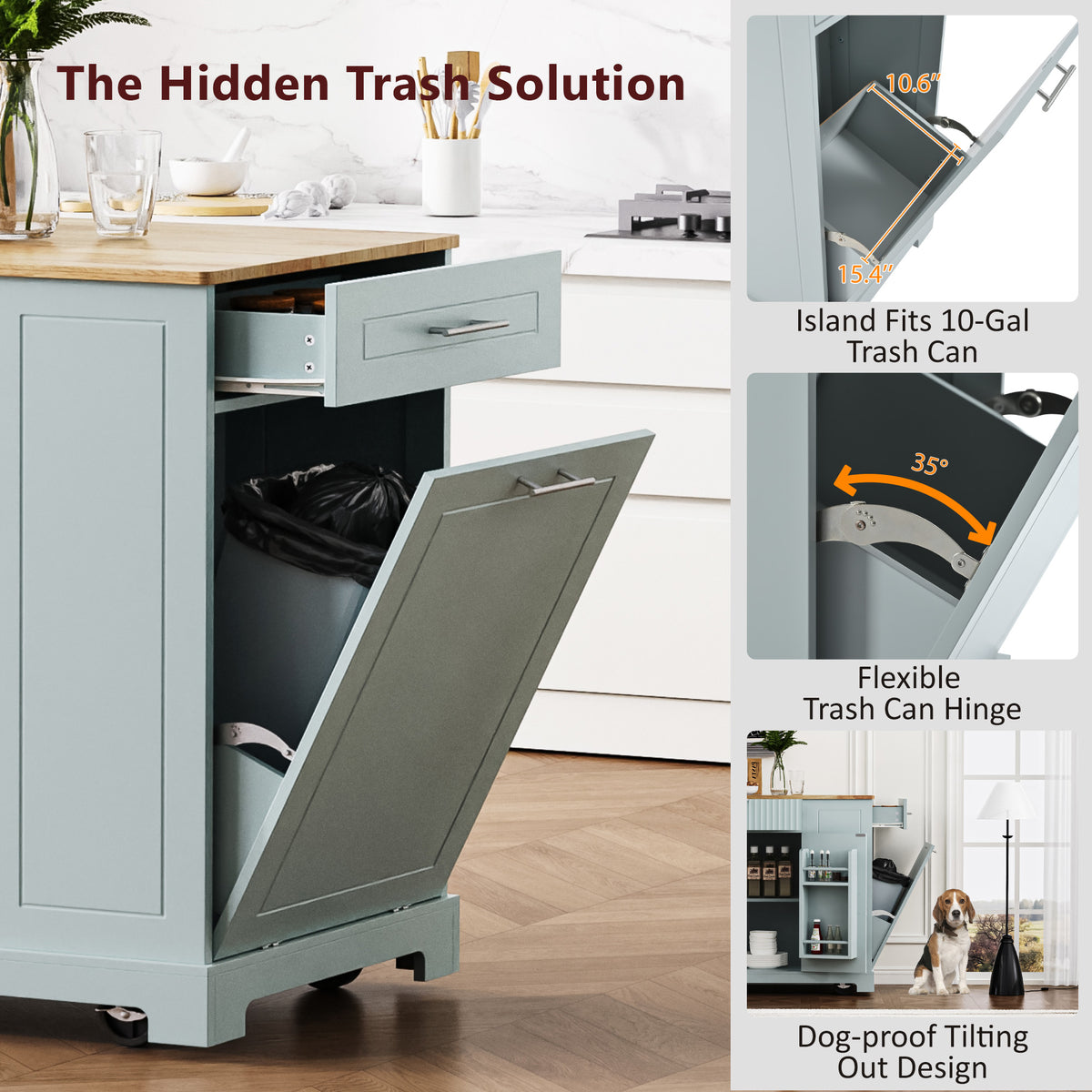 variant-group:rf-n707p221571g|Roomfitters Fluted Kitchen Island with Trash Can Cabinet, Power Outlet, Storage Rack, Rolling Cart with Open Side Racks, Grey Blue