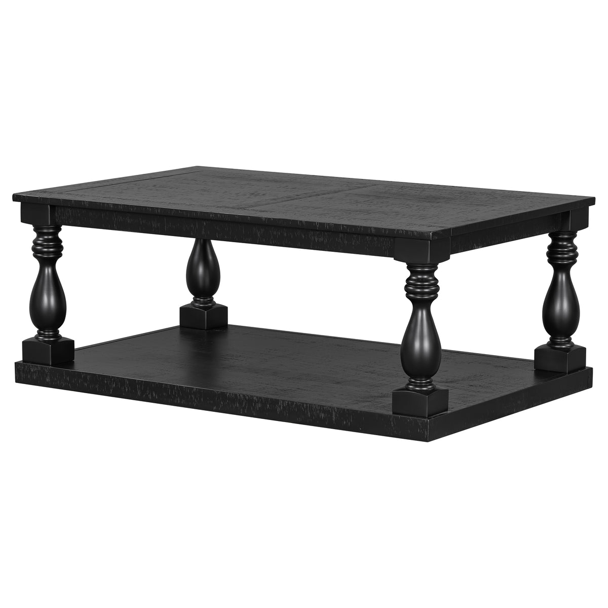 variant-group:rf-n711p407149b|Roomfitters Vintage Black Pine Wood Coffee Table, Sculpted Vase Column Leg Cocktail Table, Living Room Statement Stand