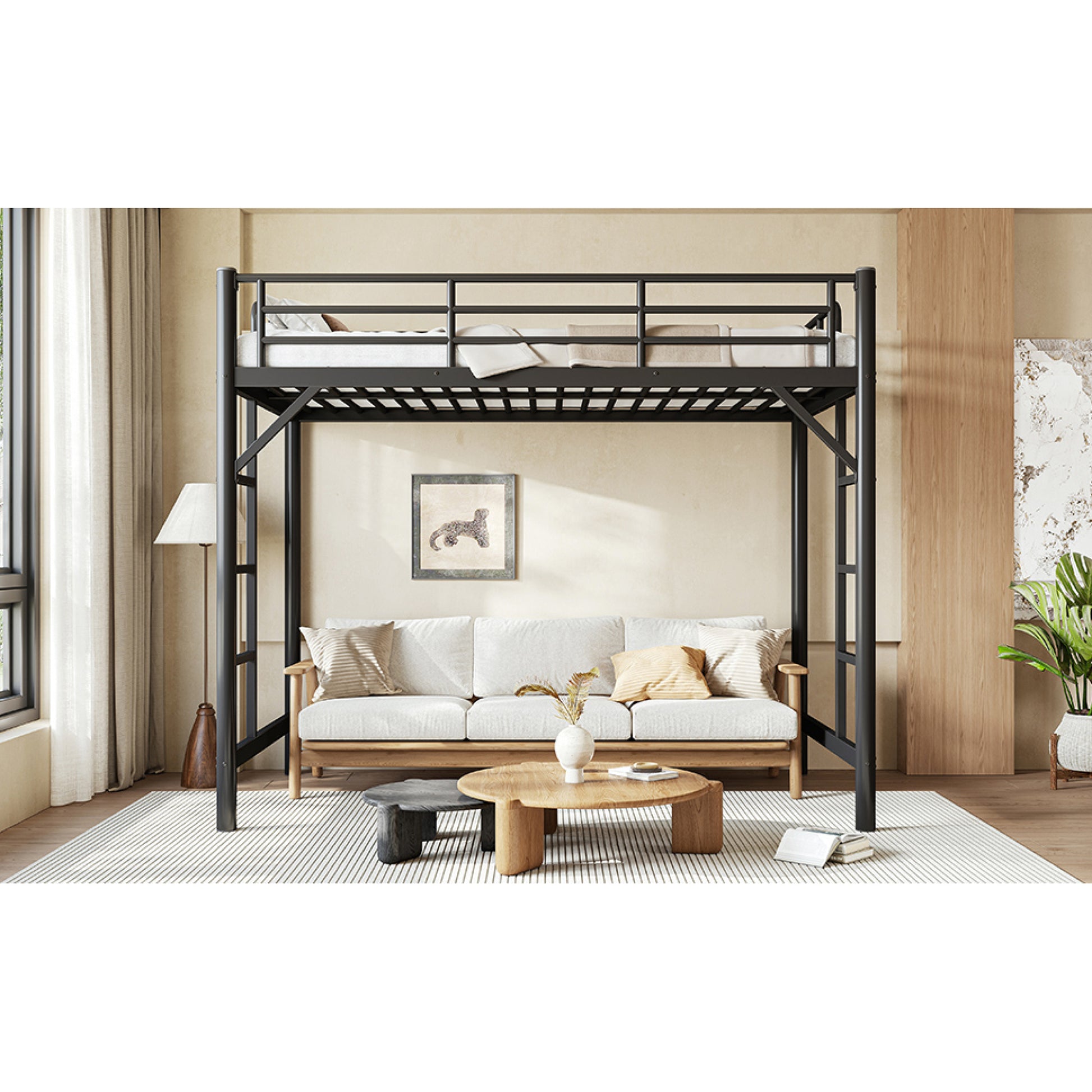 variant-group:rf-w1580p455013|Roomfitters Twin XL Size Metal Loft Bed Frame with Guardrails, Heavy Duty Space Saving High Loft Bed Dual Ladders, Black
