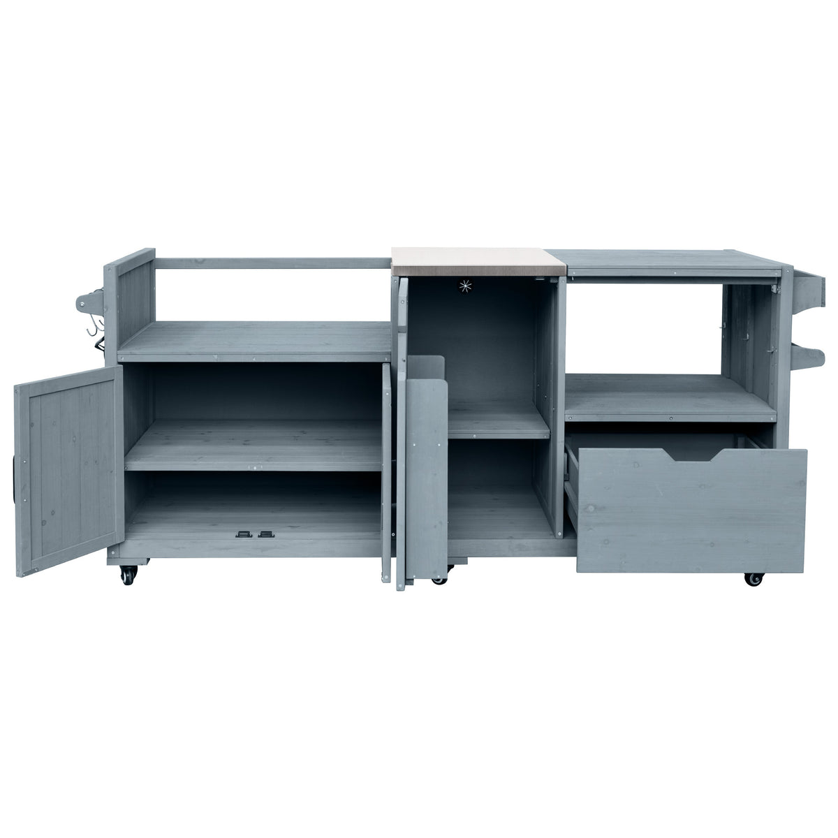 variant-group:rf-n707p392140g|Roomfitters 80.5" Extra Large Grill Cart, Outdoor Kitchen Prep Station with Stainless Steel Top & Kamado Grill Stand, Grey+Blue