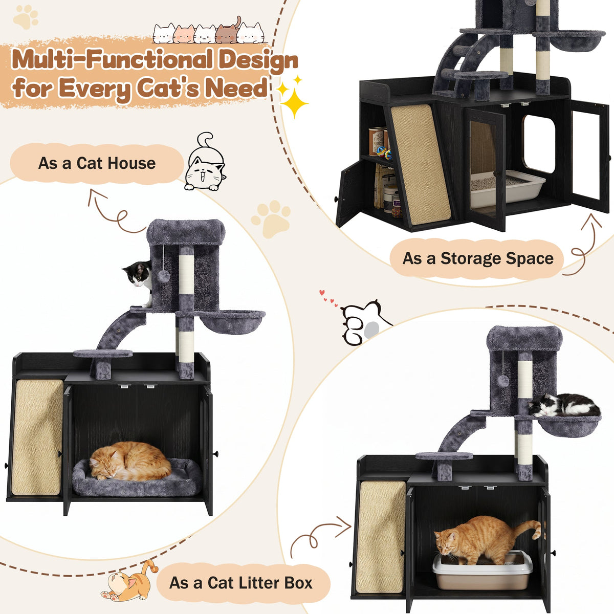 Roomfitters Modular Litter Box Enclosure with Built-In Cat Tree Tower Sisal Scratching Board and LED Light Black Roomfitters