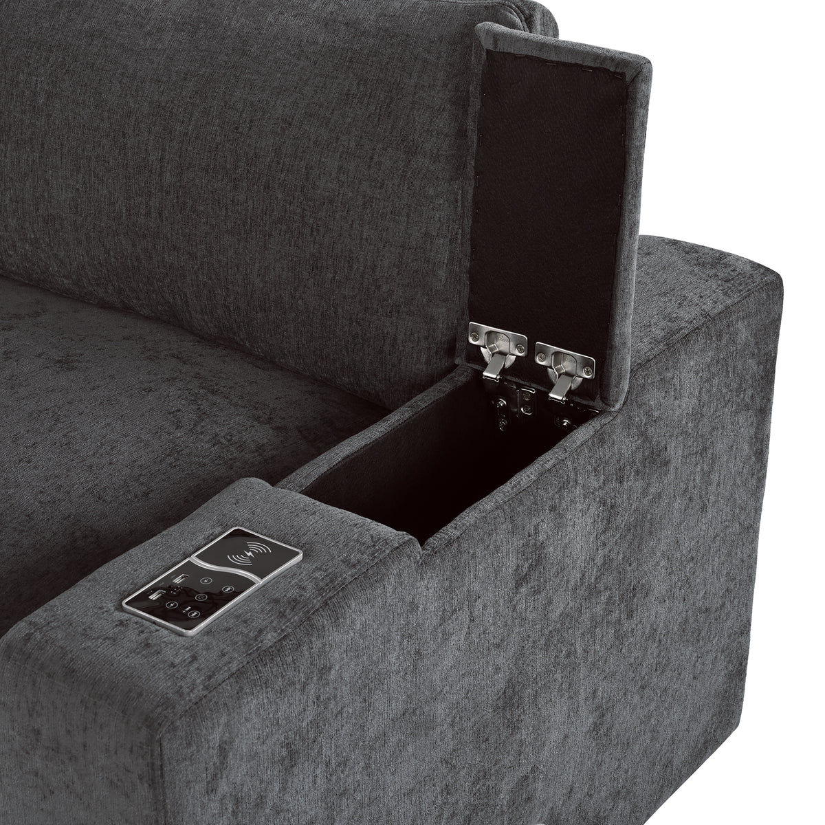variant-group:rf-n711wy000413aae|Roomfitters Upholstered Modular Sofa with Storage Space, USB Charging Ports, Wireless Charging, Built-in Bluetooth Speaker, Sectional Sofa for Living Room and Apartment, Gray