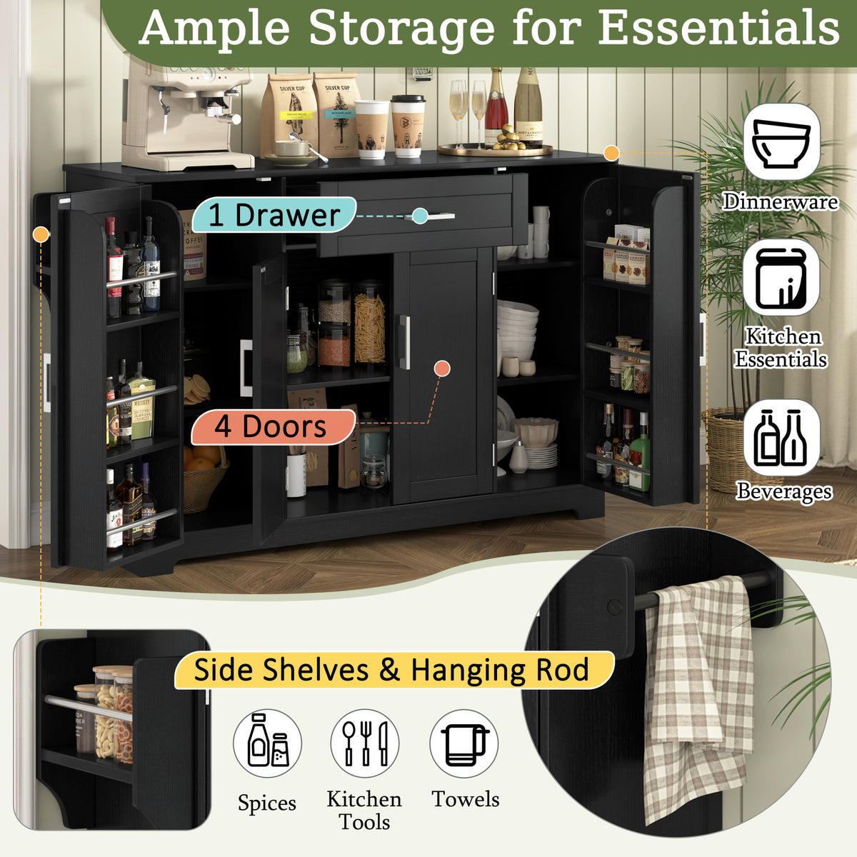 variant-group:rf-n711p437643b|Roomfitters Modern Contemporary Black Melamine MDF Sideboard Buffet Cabinet Dining Room Storage Kitchen Credenza