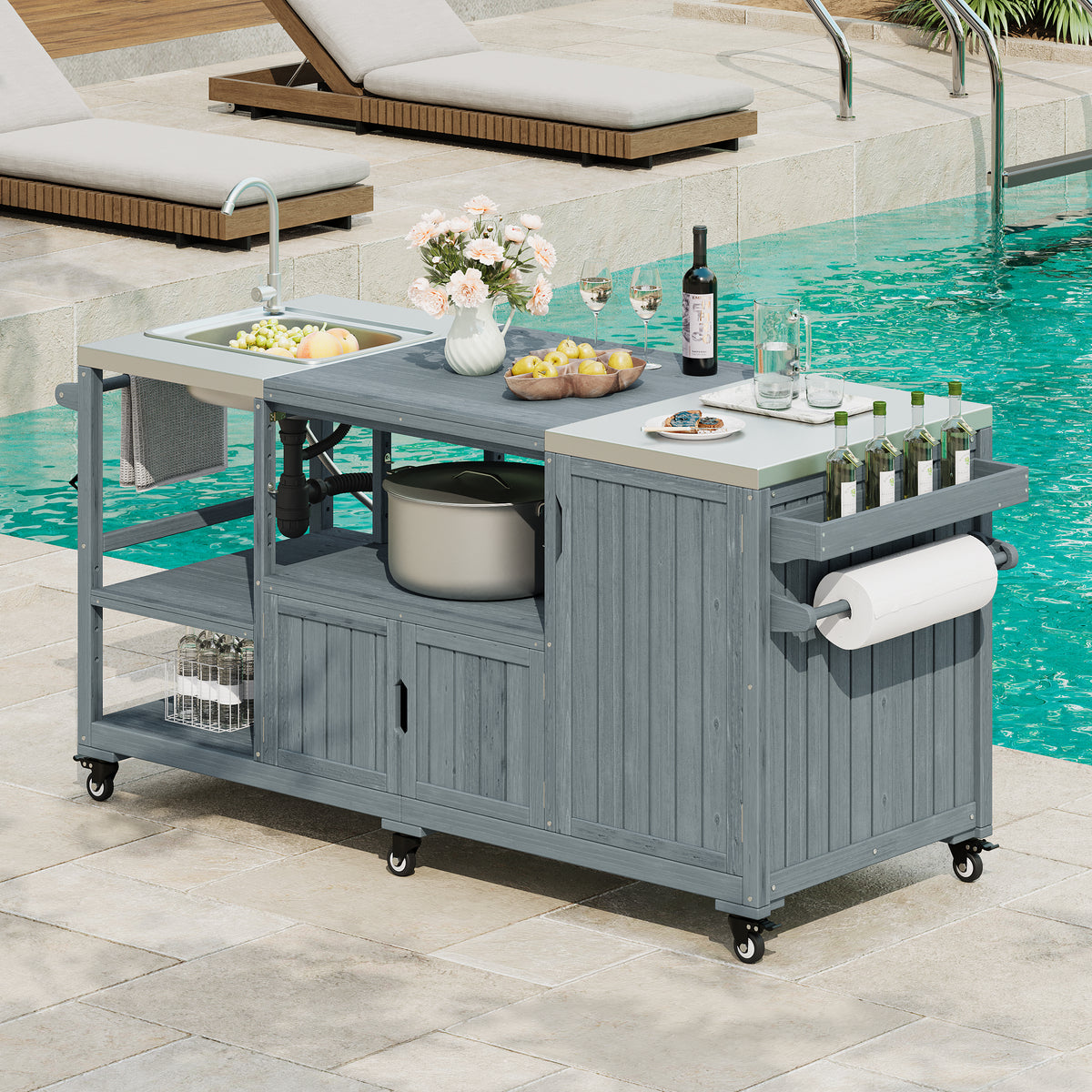 variant-group:rf-n707s000022g|Roomfitters 75.4" Outdoor Kitchen Island with Sink, Fir Wood Grill Cart for XL Green Egg & Tabletop Grills, Grey Blue