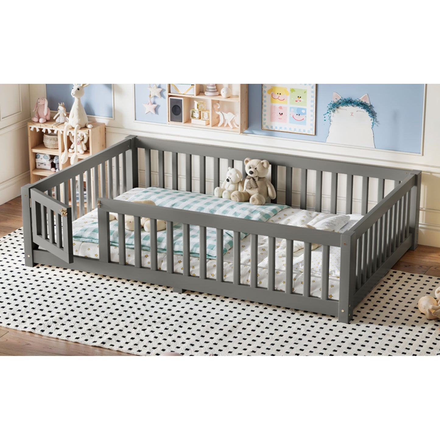 variant-group:rf-w1580p462318|Roomfitters Full Size Wooden Floor Bed Frame with Safety Guardrails Door, Solid Wood Low Profile Toddler Play Bed, Gray