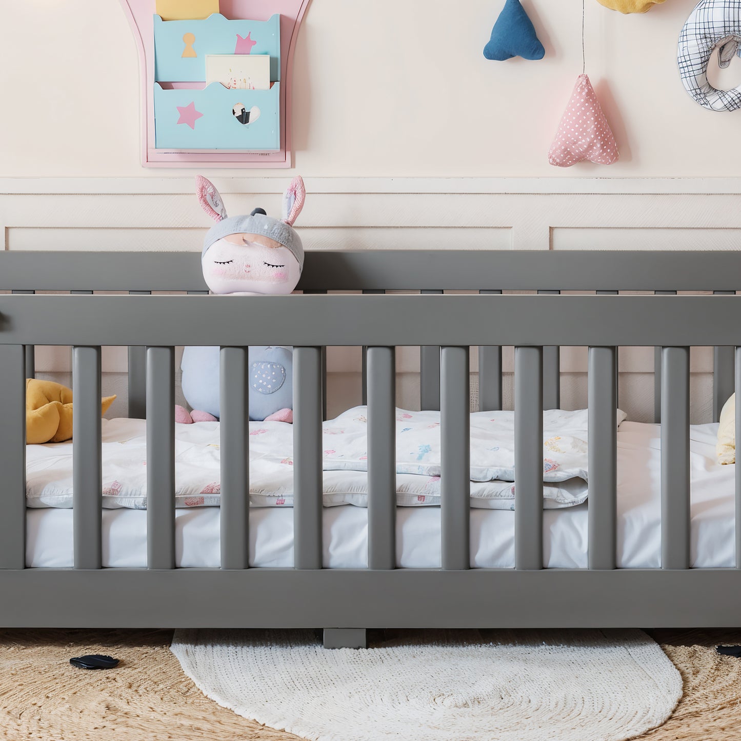 variant-group:rf-w1580p462312|Roomfitters Twin Size Wooden Floor Bed Frame with Safety Guardrails Door, Solid Wood Low Profile Toddler Play Bed, Gray