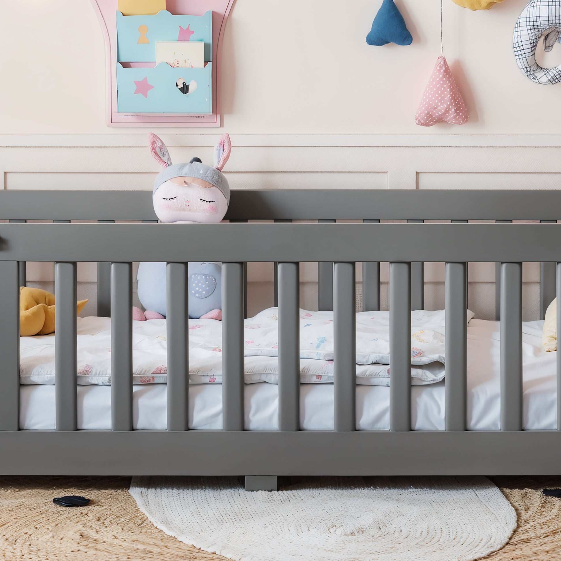 variant-group:rf-w1580p462312|Roomfitters Twin Size Wooden Floor Bed Frame with Safety Guardrails Door, Solid Wood Low Profile Toddler Play Bed, Gray