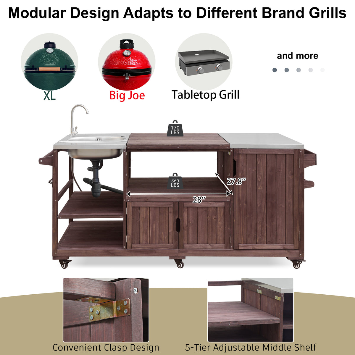 variant-group:rf-n707s000022z|Roomfitters 75.4" Outdoor Kitchen Island with Sink, Fir Wood Grill Cart for XL Green Egg & Tabletop Grills, Brown