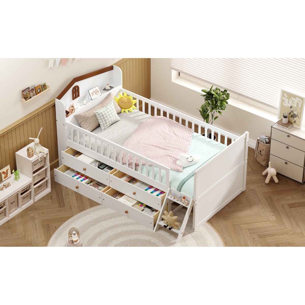 variant-group:rf-n733s278032k|Roomfitters Twin Platform Bed Frame with Four Drawers, Wooden Kids Bed with Guardrail Headboard and Ladder, White
