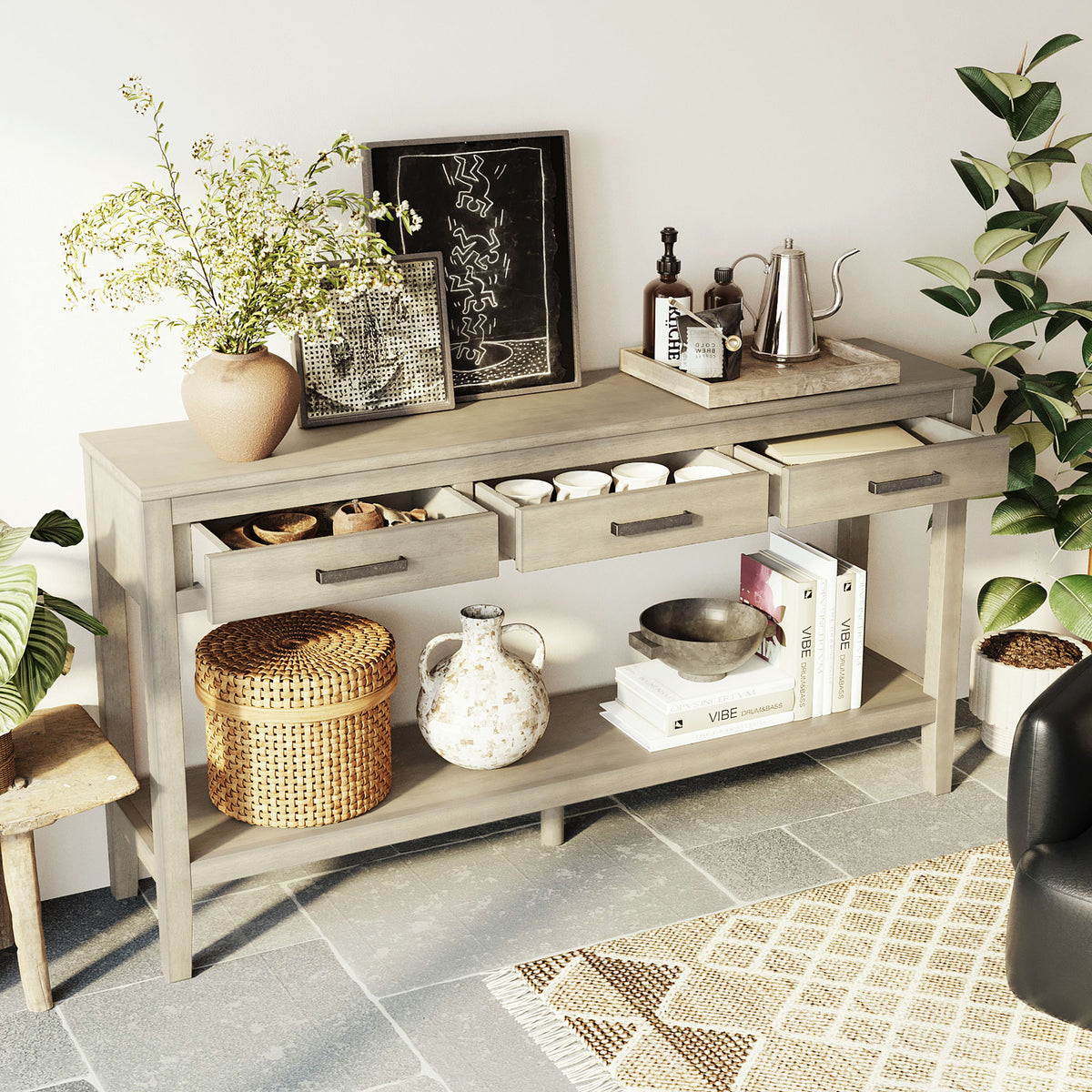 variant-group:rf-n711p410445e|Roomfitters 59.1" Farmhouse Entryway Table with 3 Drawers, Slim Console Sofa Table with Open Shelf for Hallway, Gray