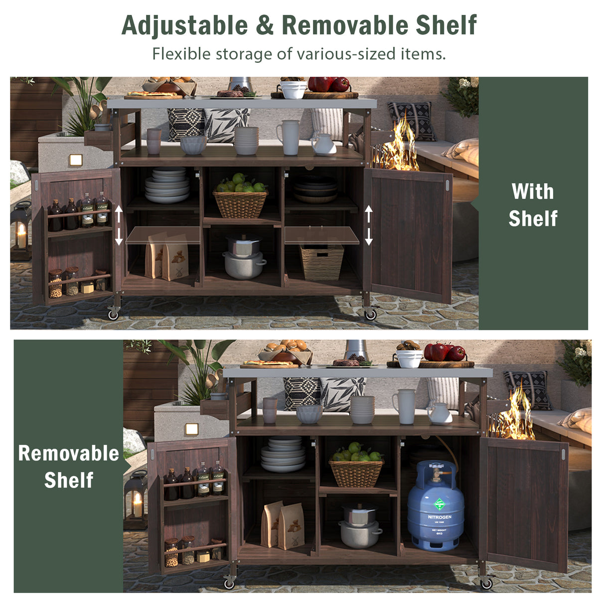 variant-group:rf-n707wf532198aaz|Roomfitters Outdoor Kitchen Island Rolling Bar Cart & Storage Cabinet, Farmhouse Solid Wood Outdoor Grill Table with Stainless Steel Top, Spice Rack, Towel Rack for Kitchen & Barbecue, Dark Brown