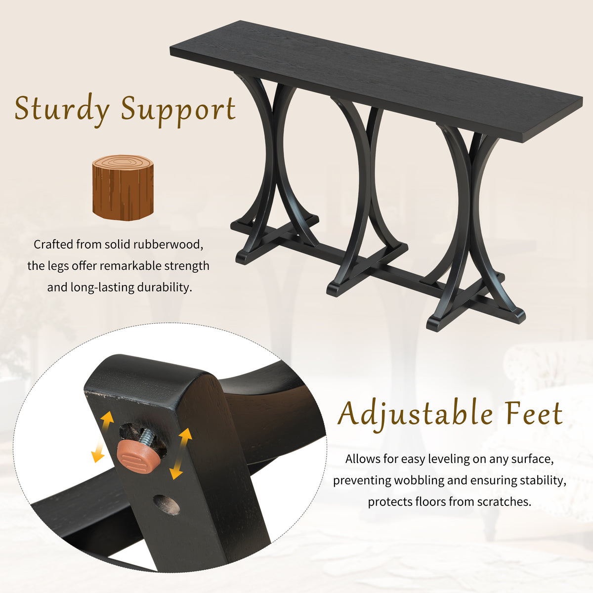 variant-group:rf-n711p295300b|Roomfitters 59.8" Console Table with Oak Veneer Top, Modern Arched Leg Entryway Sofa Table for Hallway & Living Room, Black