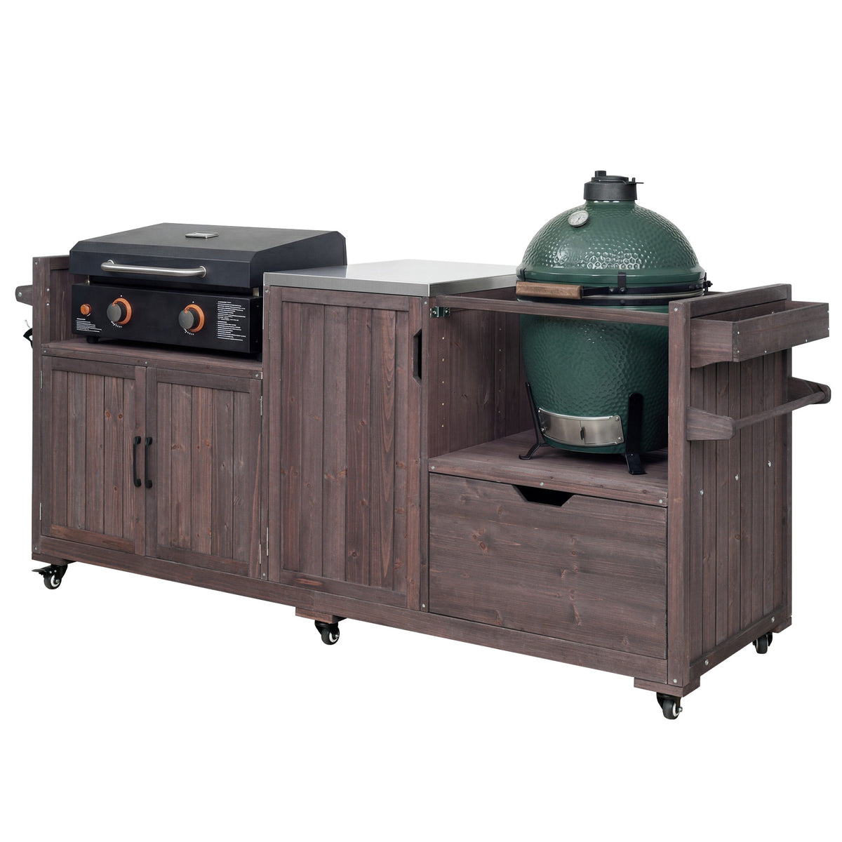 variant-group:rf-n707p392140z|Roomfitters 80.5" Extra Large Grill Cart, Outdoor Kitchen Prep Station with Stainless Steel Top & Kamado Grill Stand, Dark Brown