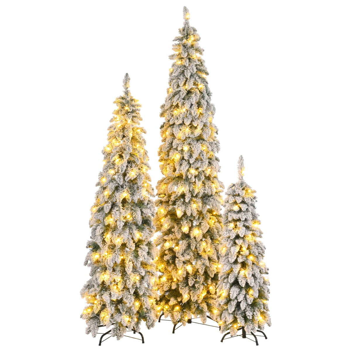 Roomfitters Pre-Lit Pencil Christmas Tree Set 8FT 6FT 4FT, Slim Snow-Flocked Artificial Trees with 1455 Tips, White Roomfitters