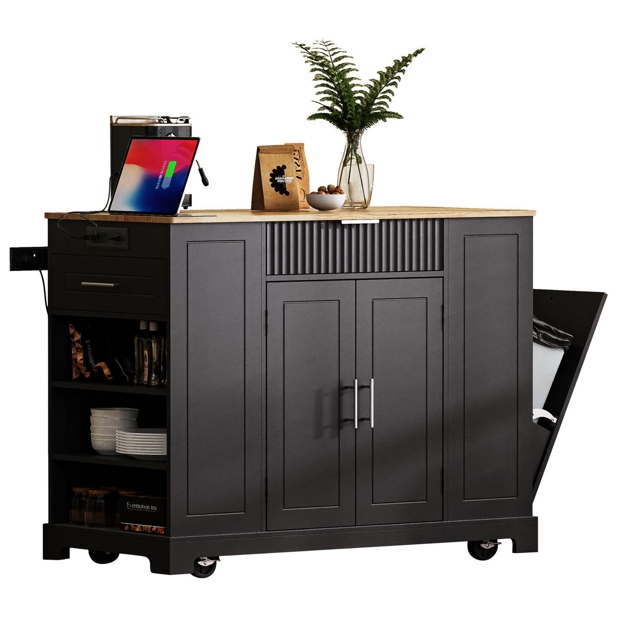 variant-group:rf-n707s221571b|Roomfitters Kitchen Island with Tilt Out Trash Can and Power Outlet, Fluted Storage Cabinet on Wheels, Black