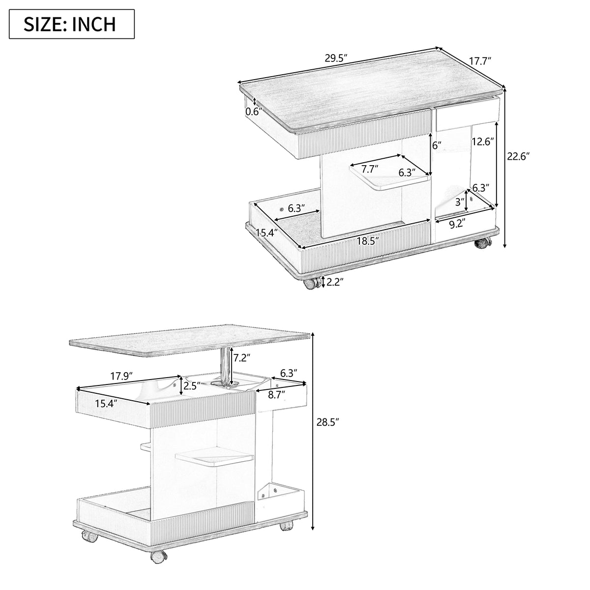 variant-group:rf-n724p292505k|Roomfitters Adjustable Sofa Side Table with Lift-Top, Rotating Surface and Storage on Wheels for Small Spaces, Brown
