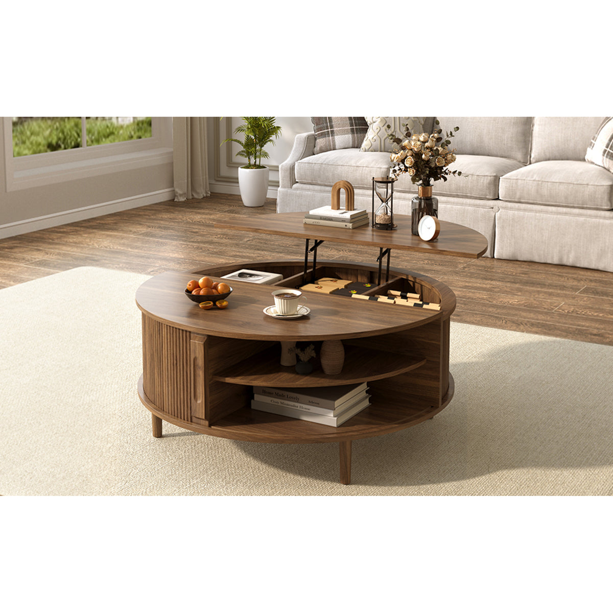 variant-group:rf-n724p416053m|Roomfitters Minimalist Round Lift-Top Coffee Table with Side Sliding Door, Antique Brown