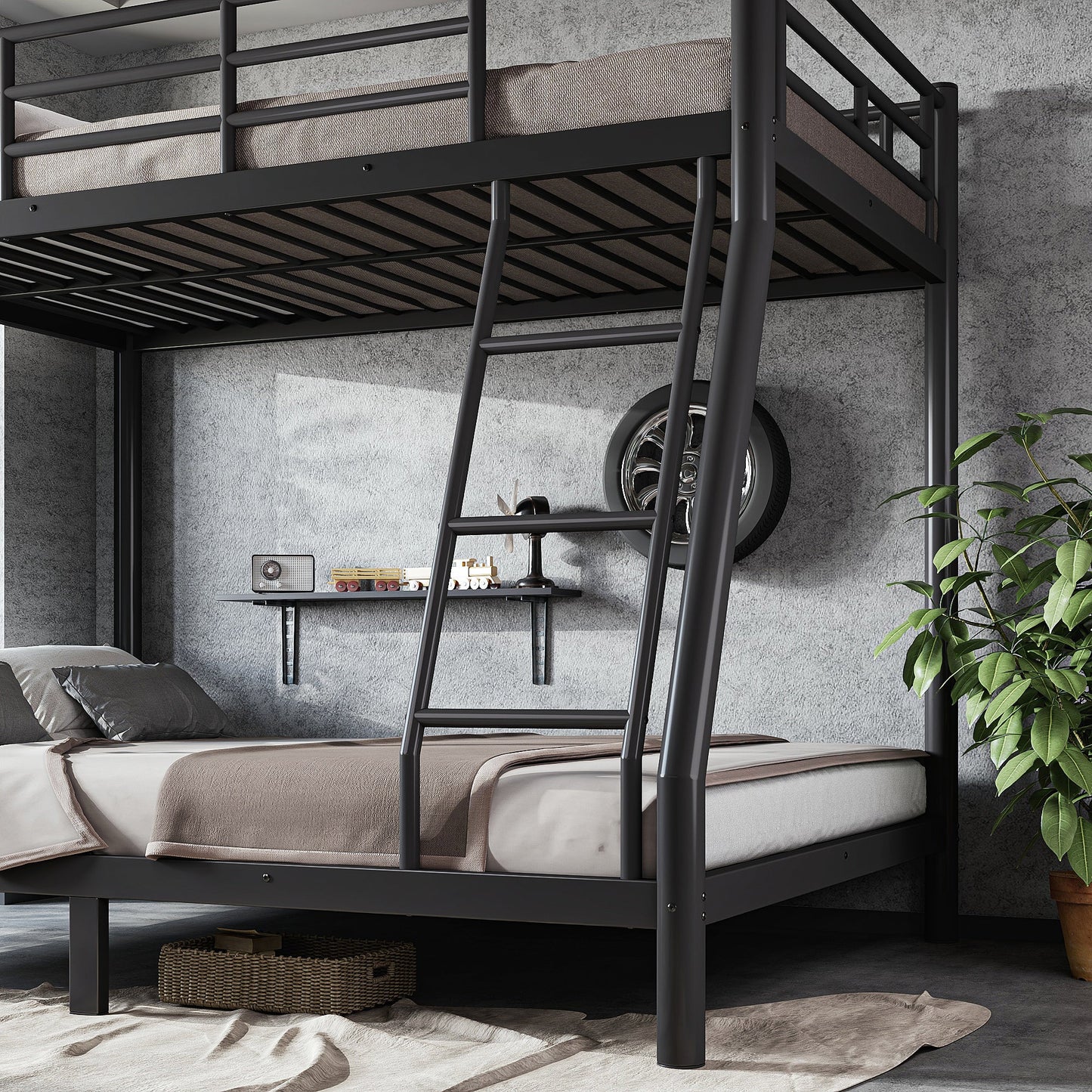 Roomfitters Twin over Full Bunk Bed Frame for Teens Adults, Heavy Duty Metal Round Tube Noise Free No Box Spring, Black