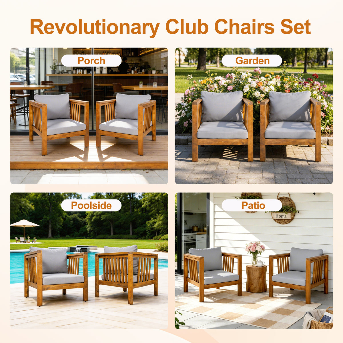 variant-group:rf-n704p448452e|Roomfitters Outdoor Acacia Wood Club Chair with Modern Mid-Century Square Arms and Thick Cushion Gray