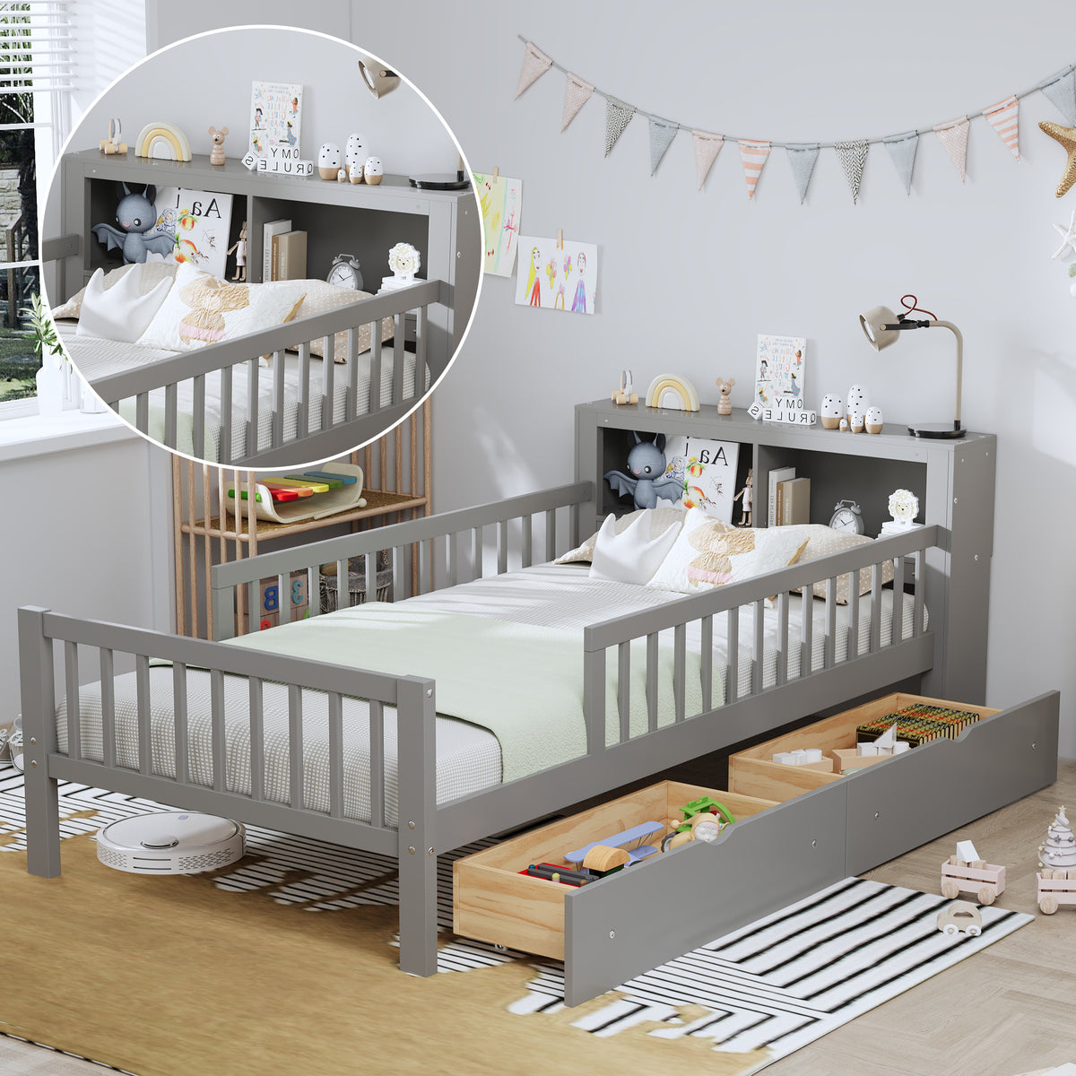 variant-group:rf-n733p272374e|Roomfitters Twin Bed with Headboard Storage Rack, Under-Bed Storage and Three-Side Guardrails, Gray
