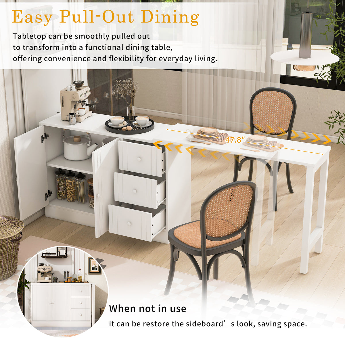 variant-group:rf-n711p334768k|Roomfitters Extendable Sideboard Buffet Cabinet with Storage, Multifunctional Console Table for Dining Room, White