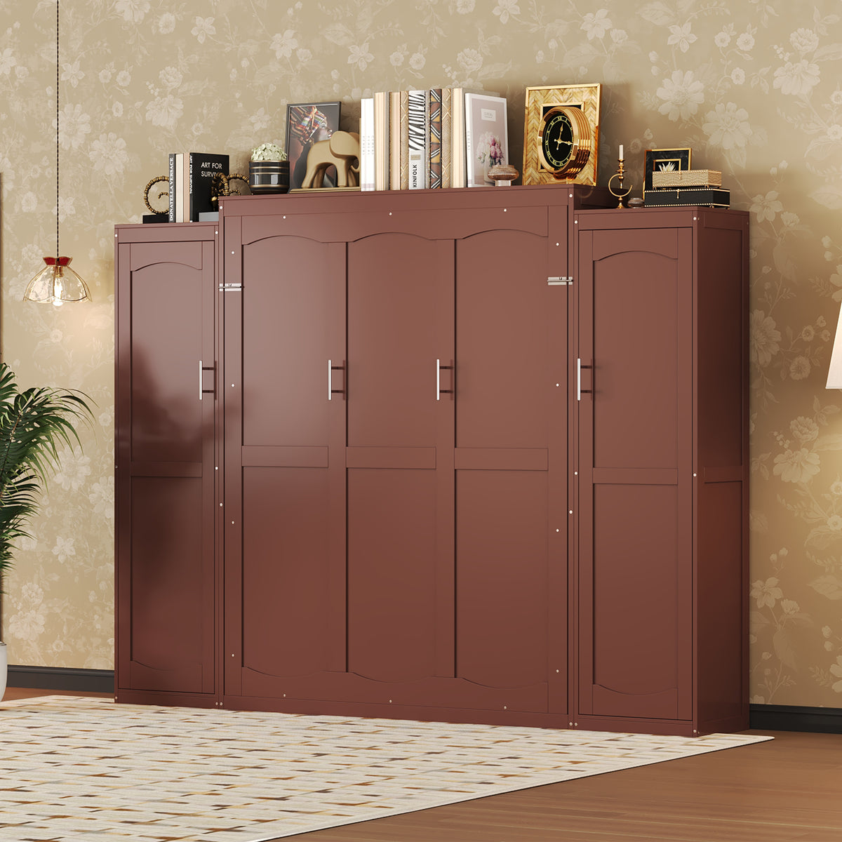 variant-group:rf-n733s235596d|Roomfitters Full Murphy Wall Bed with Two Wardrobes and Storage Shelf, Foldable Platform Bed Frame for Guest Room, Walnut