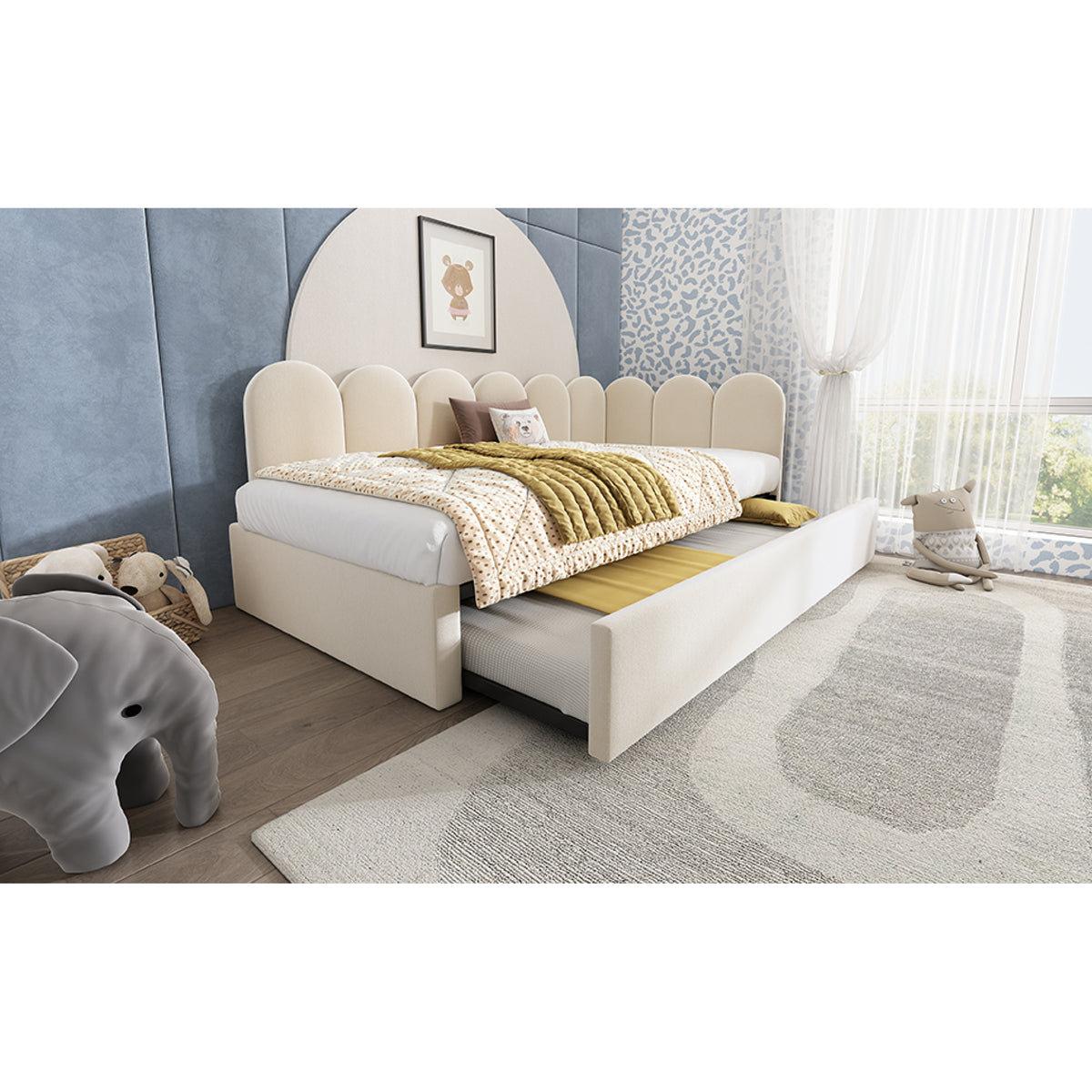 variant-group:rf-n736aa20362122b|Roomfitters Velvet Upholstered Twin Daybed with Pull Out Trundle, Sofa Bed with Metal Slat Frame, Beige
