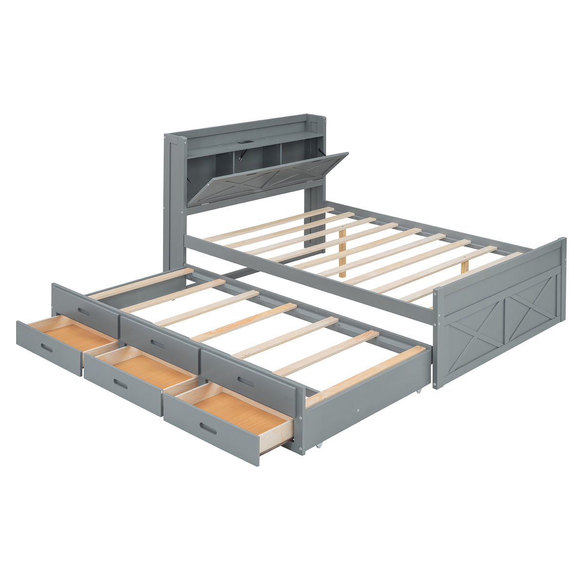 variant-group:rf-n733s172712e|Roomfitters Full Size Wooden Bed with Storage Headboard, Built-In Outlets, Extendable Design with Twin Trundle and Practical Storage, Gray