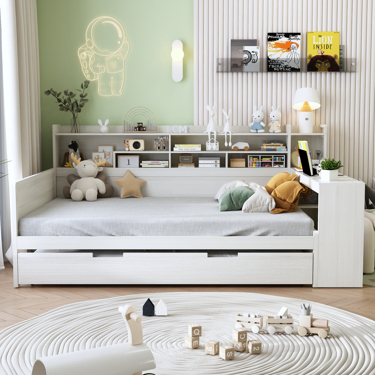 Roomfitters Wooden Full Size Daybed with Storage Shelves, Multi-functional Bed with Twin Size Trundle Bed and Study Desk, Antique White