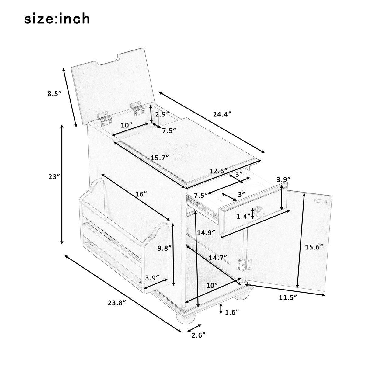 variant-group:rf-n724p293133p|Roomfitters Vintage Sofa Side Table with USB Ports, Flip Top, Cup Holders and Bookshelf Storage for Small Spaces, Espresso