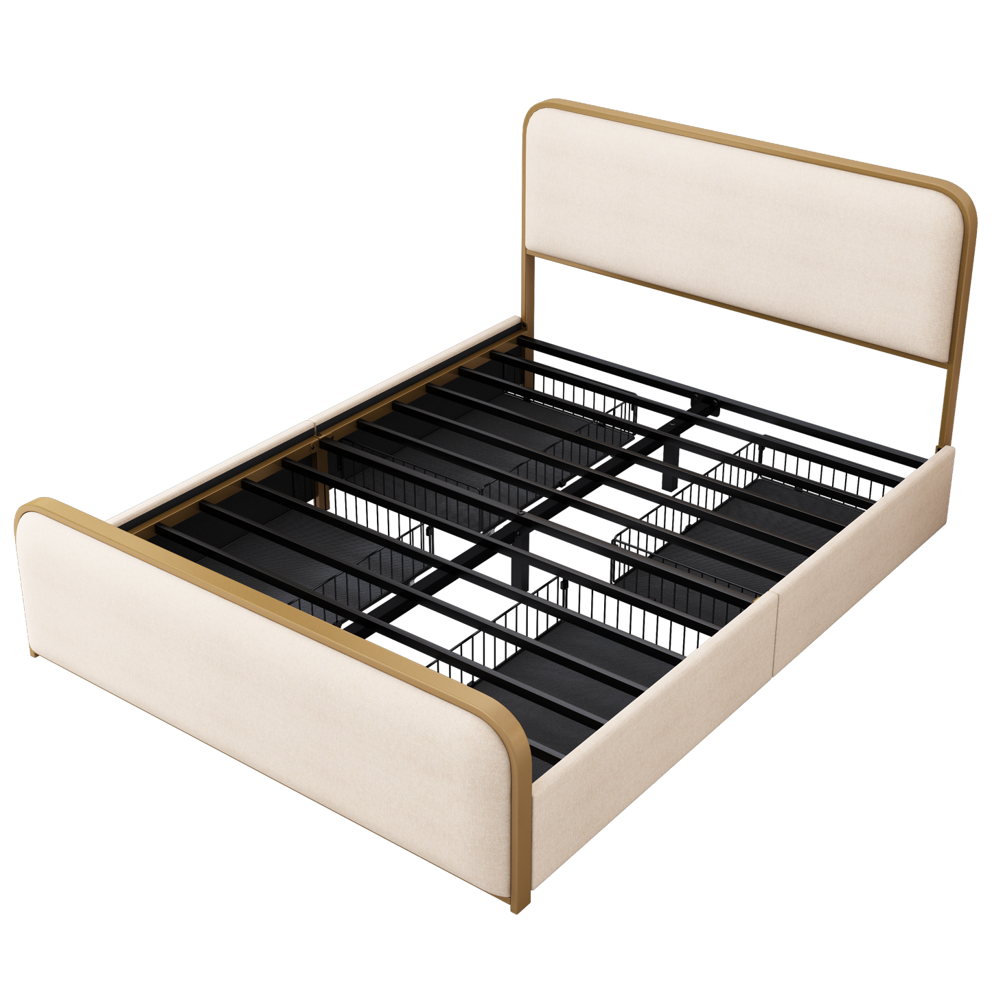 variant-group:rf-n701p229016c|Roomfitters Queen Size Upholstered Platform Bed Frame with Gold Metal Trim, Padded Curved Headboard & Footboard, Beige+Gold