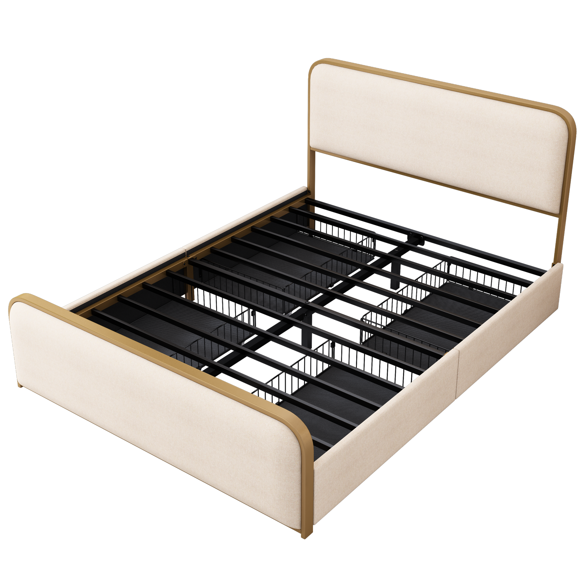 variant-group:rf-n701p229016c|Roomfitters Queen Size Upholstered Platform Bed Frame with Gold Metal Trim, Padded Curved Headboard & Footboard, Beige+Gold