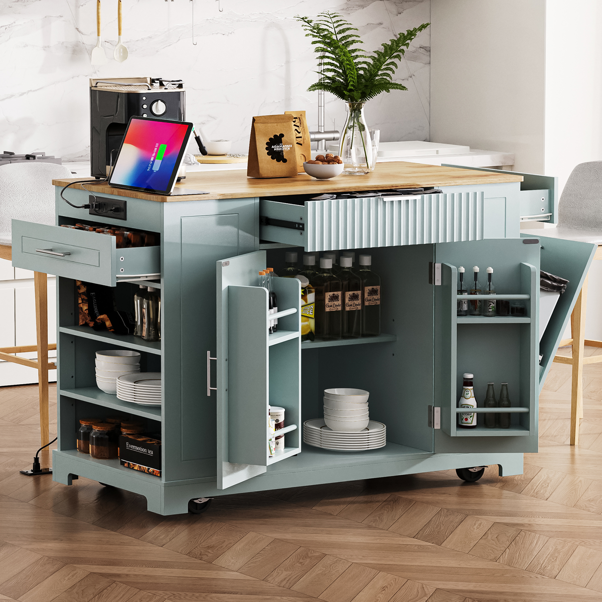 variant-group:rf-n707s221571g|Roomfitters Kitchen Island with Tilt Out Trash Can and Power Outlet, Fluted Storage Cabinet on Wheels, Grey+Blue