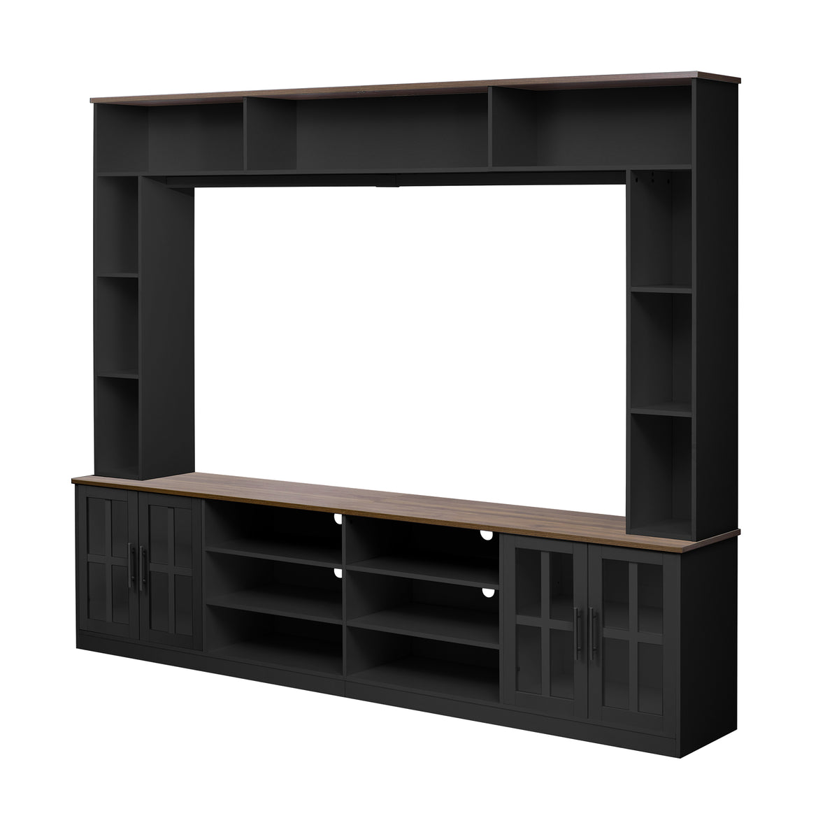 variant-group:rf-n724sj000161aab|Roomfitters 102"W Wall Unit Modern Entertainment Center, 18 Open Storage Shelves, Black