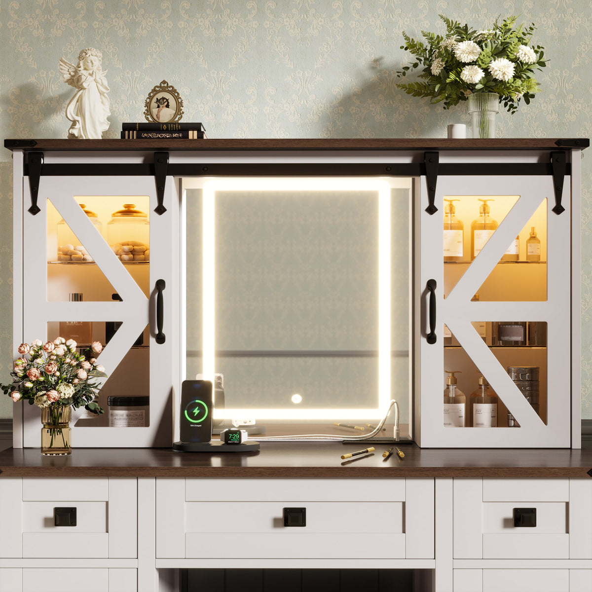 Roomfitters Farmhouse Makeup Vanity Desk with Lighted Mirror, Vanity Table Set with Storage Stool, Charging Station, Beige Roomfitters