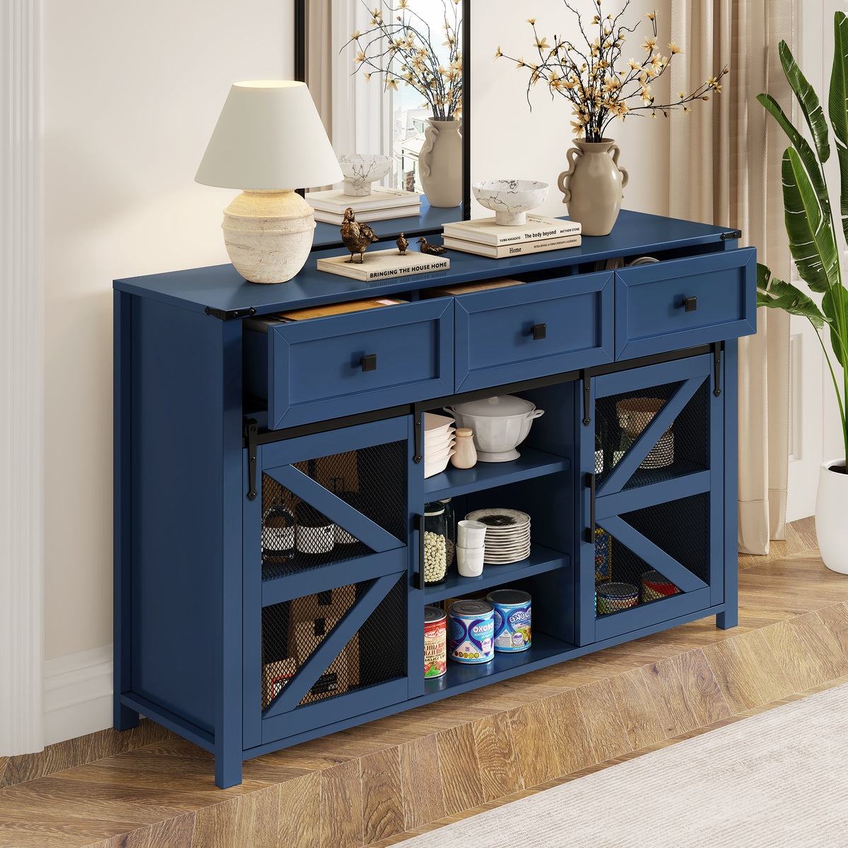 variant-group:rf-n711p347384v|Roomfitters 55" Sideboard Buffet Cabinet with 3 Drawers & Sliding Barn Doors, Farmhouse Storage for Kitchen & Dining, Navy Blue