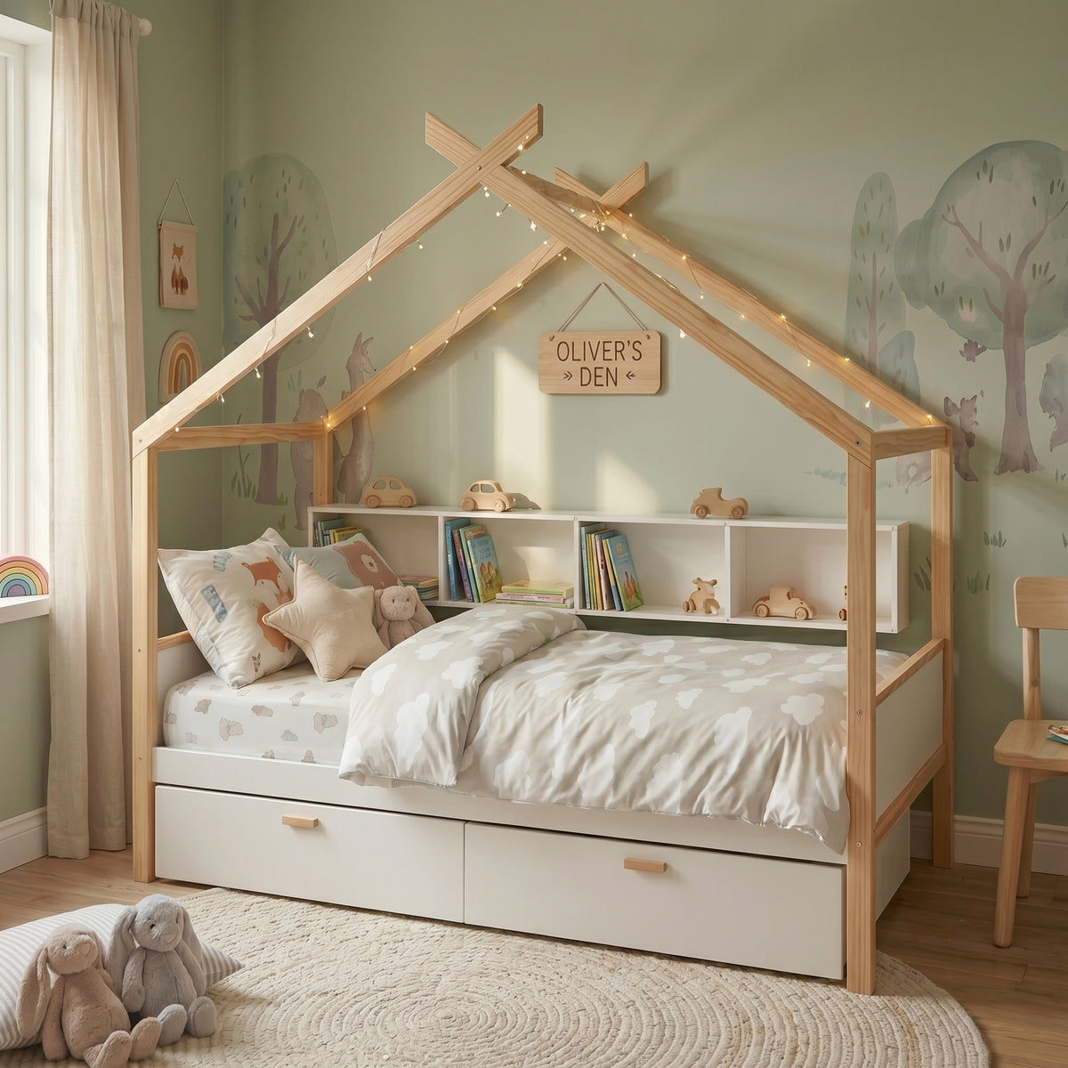 variant-group:rf-n701p443466k|Roomfitters Twin Size Wooden House Bed Frame with 2 Drawers, Bookshelf Storage Furniture, No Box Spring, White Natural