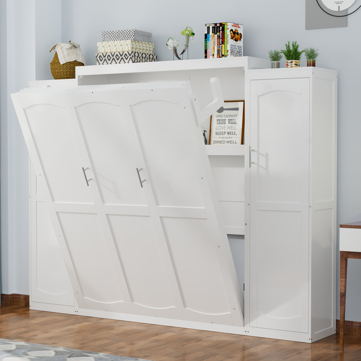 variant-group:rf-n733s339767k|Roomfitters Queen Murphy Bed with Storage Cabinets and Shelf, Foldable Wall Bed Platform for Guest Room and Bedroom, White