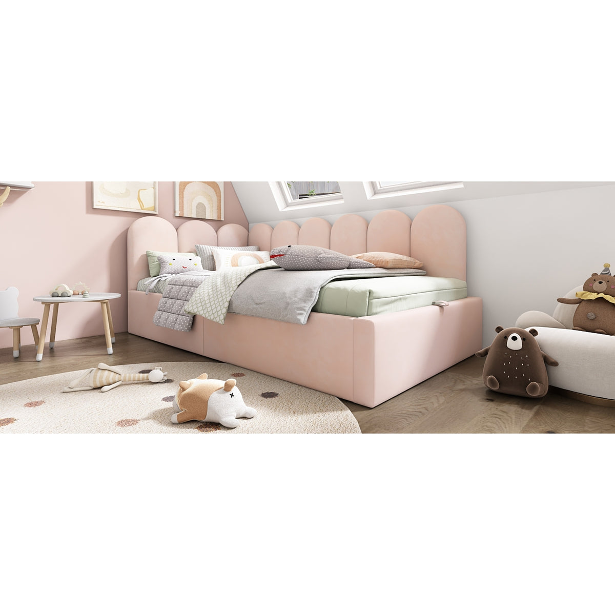 variant-group:rf-n736p333613p|Roomfitters Upholstered Twin Size Ottoman Daybed with Storage, Sofa Bed with Metal Slat Frame, Velvet Pink