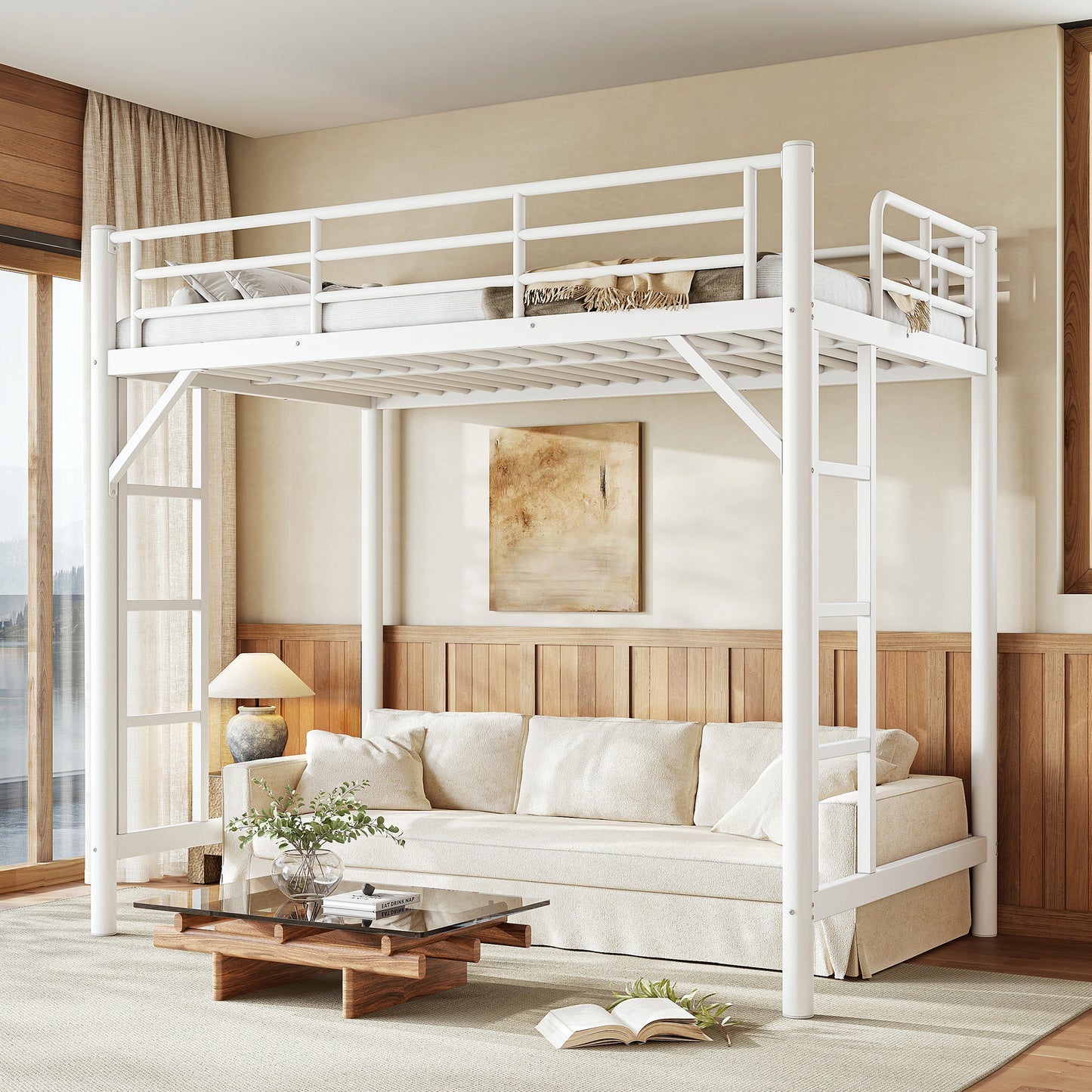 variant-group:rf-w1580p455012|Roomfitters Twin Size Metal Loft Bed Frame with Guardrails, Heavy Duty Space Saving High Loft Bed Dual Ladders, White