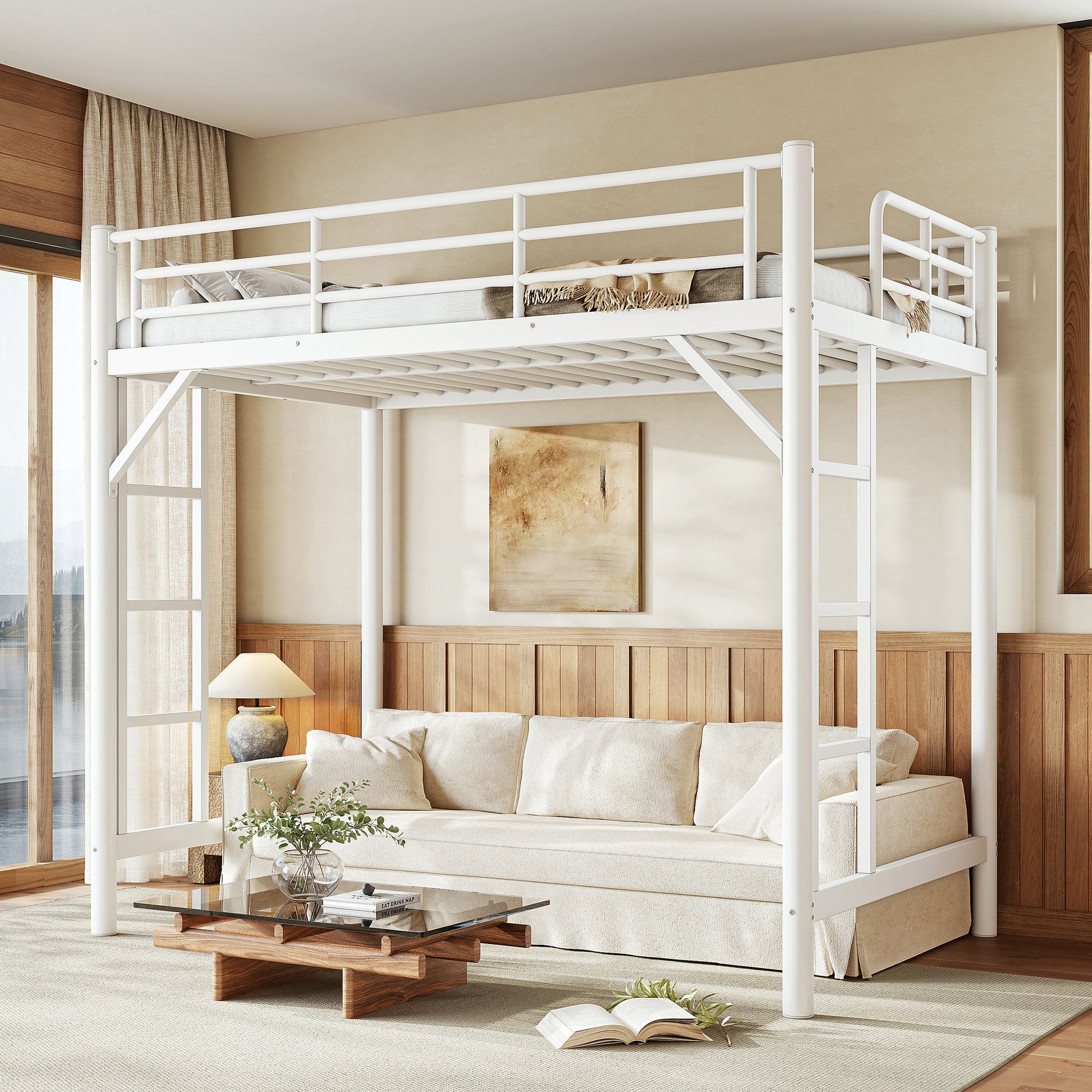 variant-group:rf-w1580p455012|Roomfitters Twin Size Metal Loft Bed Frame with Guardrails, Heavy Duty Space Saving High Loft Bed Dual Ladders, White
