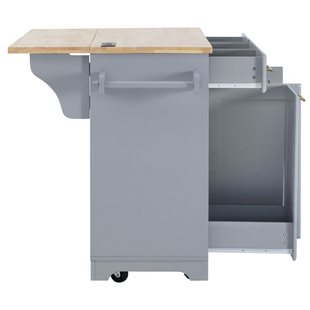 variant-group:rf-n707s299014g|Roomfitters 59.3" Kitchen Island with Power Outlet, Drop Leaf and Double Trash Can Pull Out, Rolling Cart, Grey+Blue